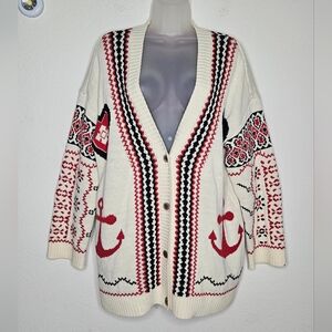 Anthropologie Chunky Knit Cream Nautical Anchor Button Front Cardigan Sweater L